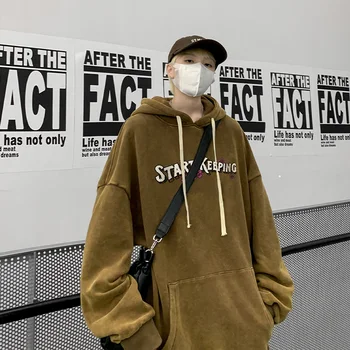 Priathinker Retro Yıkama kapüşonlu süveter Adam Büyük Boy Kore Moda Mektup Baskılı Hoodies Sıcak erkek Üstleri Harajuku Sokak Ceket