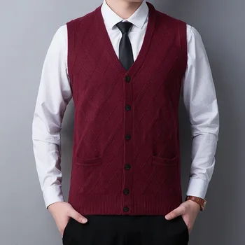 Kazak Yelek Kore Moda Erkek Hırka Katı Kolsuz Kazak Hırka Yün Örme Tek Göğüslü Erkek Kaşmir Yelek